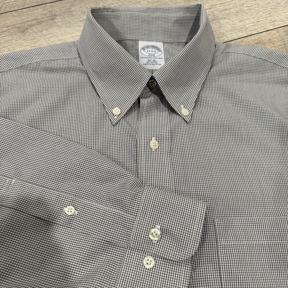 Brooks Brothers 346 Shirt Men 17-4/5 Slim Fit Non Iron Plaid Check White Black‎